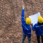 Land surveyor team standing working together at construction field consult study looking landmark